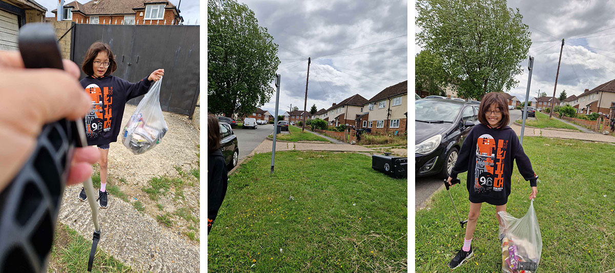 A montage of pictures showing Malika picking litter